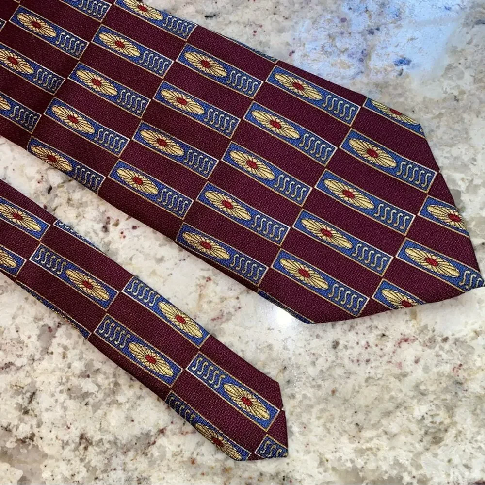 Christian Dior Vintage 100% Silk Art Deco Print Tie Burgundy Blue Gold Medallion